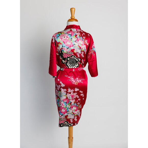 Chinese dressing robe, floral print red short dressing robe, 100% cotton - Picture 2 of 10